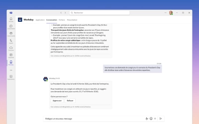 Capture d'écran de bureau de l'application Workday intégrée dans Microsoft Teams. L'interface montre un menu de tâche rapide Workday dans la barre latérale de Teams, permettant à un utilisateur de gérer des tâches RH telles que les demandes de congés directement dans son espace de discussion.