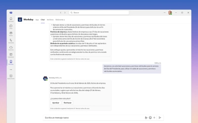 Captura de pantalla del escritorio de la aplicaci��n ��ݮ��Ƶ integrada en Microsoft Teams. La interfaz muestra un men�� de tareas r��pidas de ��ݮ��Ƶ en la barra lateral de Teams, lo que permite al usuario gestionar tareas de RRHH (por ejemplo, solicitudes de vacaciones y permisos) directamente en su espacio de trabajo de chat.