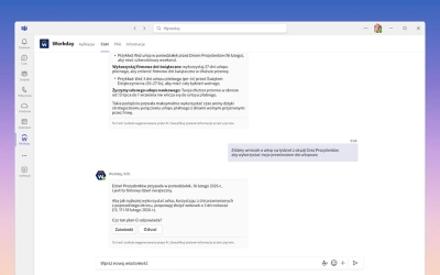 Zrzut ekranu komputera pokazujący aplikację Workday zintegrowaną z Microsoft Teams. Interfejs pokazuje menu „Szybkie zadanie” Workday na pasku bocznym Teams, które pozwala użytkownikowi zarządzać zadaniami HR, takimi jak wnioski urlopowe, bezpośrednio z poziomu czatu.