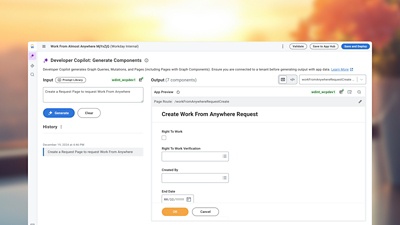 Screenshot showing 鶹ý Extend Work from Almost Anywhere developer co-pilot screen, with AI-enabled component building blocks.