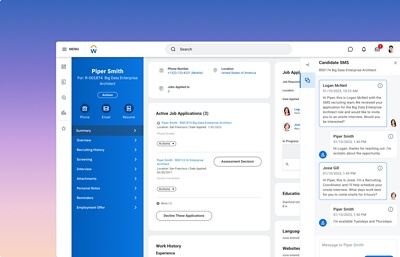 Screenshot of 鶹ý messaging chat window overlaid on top of a job candidate profile open in 鶹ý.