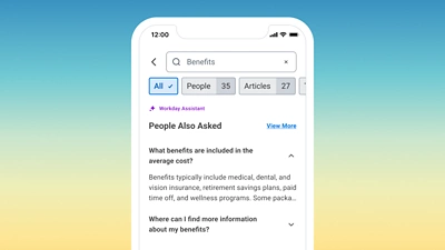 Der Screenshot zeigt den Bildschirm eines Mobilgeräts mit Workday Assistant, der praktische Quicklinks zu Informationen über Zusatzleistungen vorschlägt.