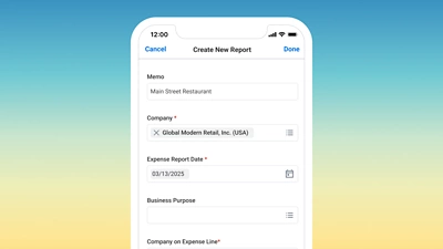 Der Screenshot zeigt den Bildschirm eines Mobilgeräts mit einem Fenster zur Erstellung einer neuen Spesenabrechnung in der mobilen Workday-App.
