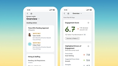 Der Screenshot zeigt die Bildschirme eines Mobilgeräts mit Manager-Einblicken in der mobilen Workday-App, darunter Urlaubsanträge von Mitarbeitern und Kennzahlen zum Mitarbeiter-Engagement.