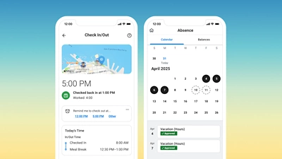 Der Screenshot zeigt die Bildschirme eines Mobilgeräts mit einer eingereichten Mitarbeiter-Zeitkarte mit Arbeitszeiten und Standort sowie einen Kalender mit Urlaubs- und Abwesenheitsanträgen in der mobilen Workday-App.