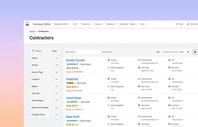 Screenshot dell'interfaccia Workday VNDLY Worker Profile Management con le informazioni dei consulenti in un elenco organizzato e filtrabile.