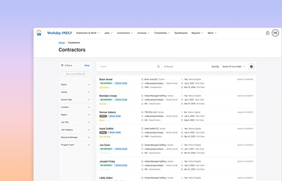Capture d'cran de l'interface 鶹ý?VNDLY Gestion des profils d'employ affichant les informations sur les prestataires sous forme de liste organise et filtrable.
