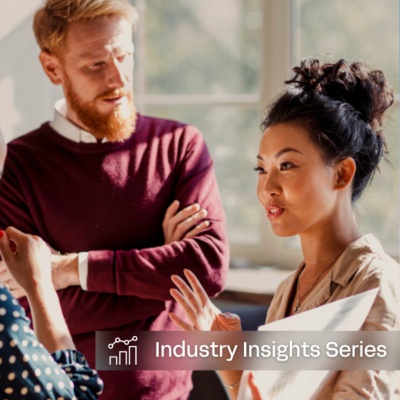 Three people talking, with text that says 2025 Trends in Financial Services