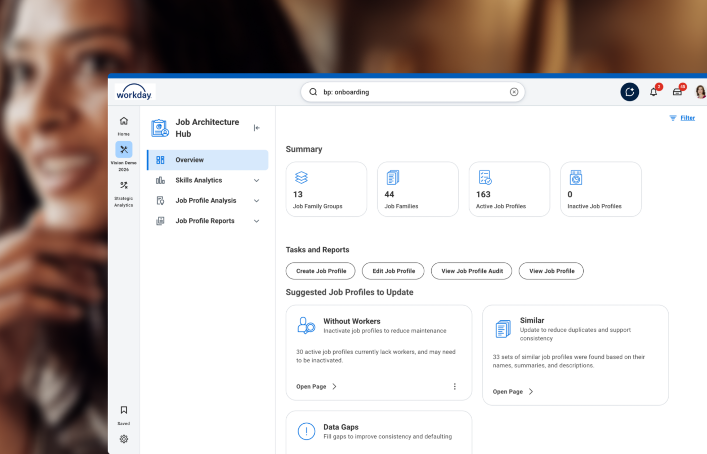 Workday HCM Job Architecture Hub screen showing job family and profile summary tiles