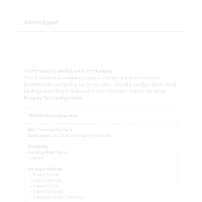 Admin Agent chat interface showing a tax configuration recommendation for operating in Hungary.