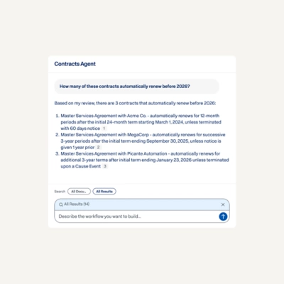 Contracts Agent interface displaying contract renewal query results and an input bar.