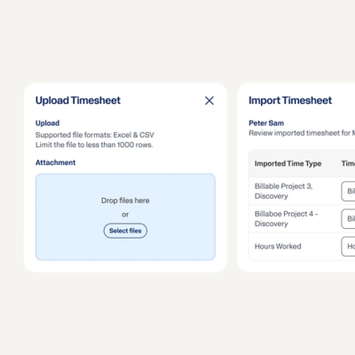 Timesheet upload and import screens showing a frontline worker's billable hours and worktags for accurate time tracking