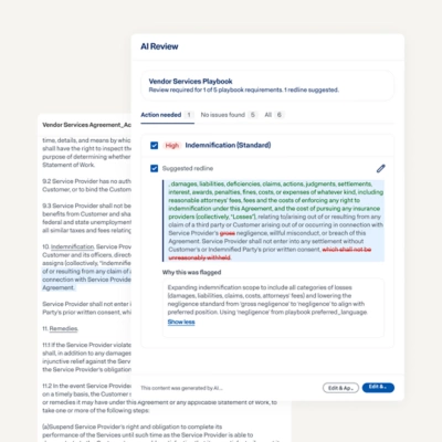  AI Review interface displaying suggested redlines and explanations for a vendor contract's indemnification clause.