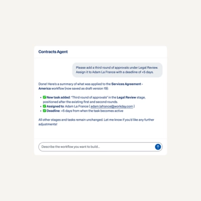 Contracts Agent chat interface displaying automated updates to a workflow.