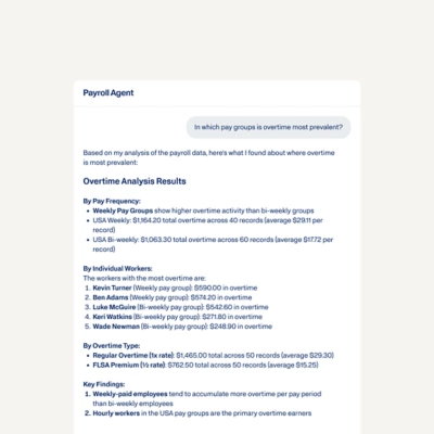 Workday Payroll Agent providing an Overtime Analysis Report; that includes a breakdown by pay frequency, indivitual worker, and overtime type. 