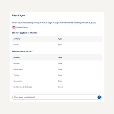 Workday Payroll Agent providing a summary of all upcoming minimum wage changes within the next 6 months.