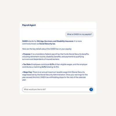 Workday's Payroll Agent providing information requested by a user to help better understand their paycheck.