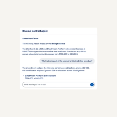 Contracts Agent interface displaying contract renewal query results and an input bar.