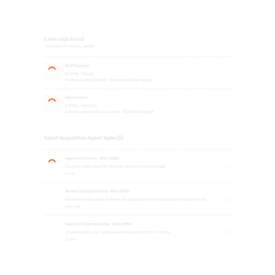 Workday's Talent Acqusition Agent providing a collegue with new reqs and status of ongoing agents tasks.