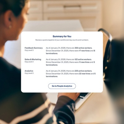 UI card titled "Summary for You" displaying active worker counts, new hires, and terminations across Sales & Marketing and Analytics departments, with a "Go to People Analytics" button.