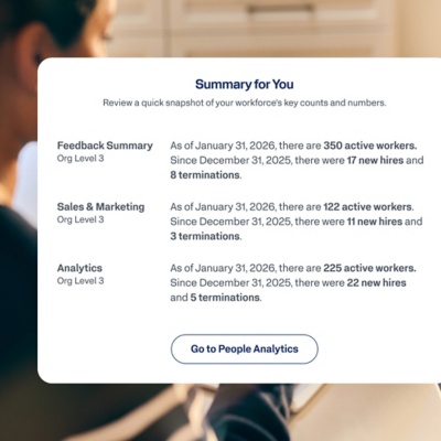 UI card titled "Summary for You" displaying active worker counts, new hires, and terminations across Sales & Marketing and Analytics departments, with a "Go to People Analytics" button.