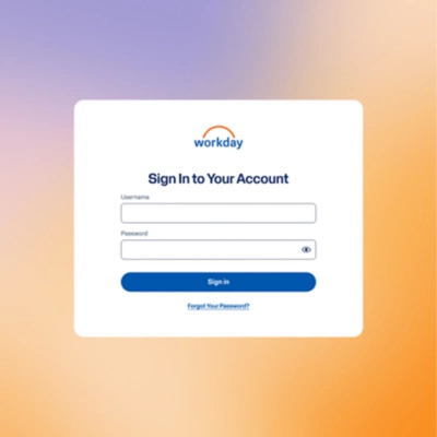Workday login screen titled "Sign In to Your Account" featuring username and password fields, a sign-in button, and a password recovery link.