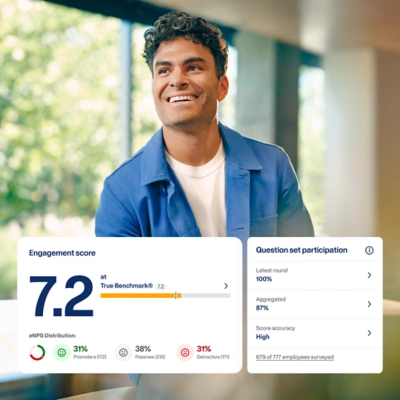 Workday Peakon Employee Voice dashboard showing an engagement score of 7.2 and question-set participation rates