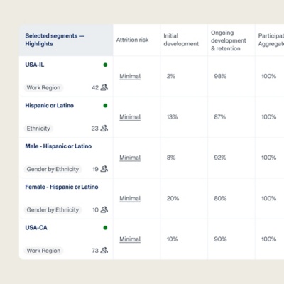 Workday Peakon Employee Voice segment highlights table showing attrition risk, development, and engagement scores by workforce segment