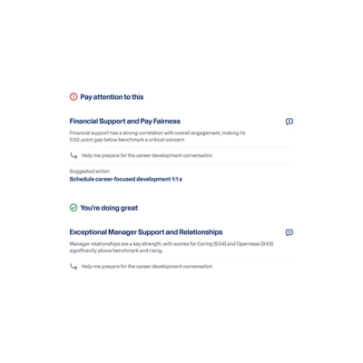 Workday Peakon Employee Voice cards flagging a manager focus area and a strength, each with a suggested next action