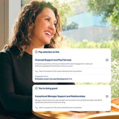 Workday Peakon Employee Voice AI insight cards showing manager coaching guidance on pay fairness and manager support