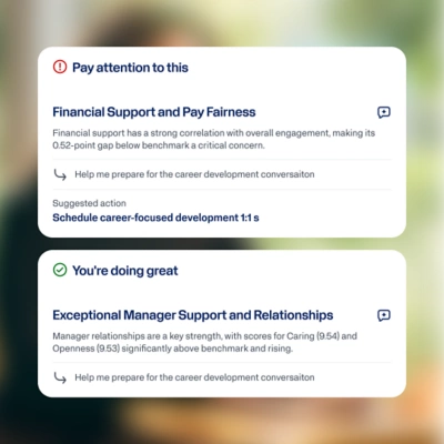 Workday Peakon Employee Voice AI insight cards showing manager coaching guidance on pay fairness and manager support