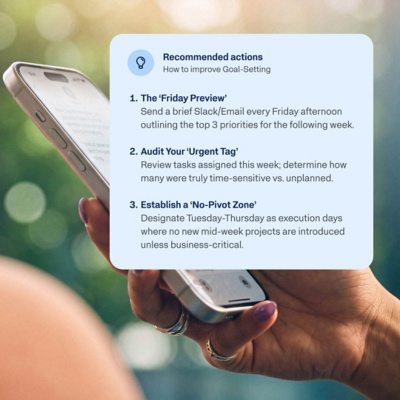 Workday Peakon Employee Voice recommended action plan, with three steps to improve goal-setting