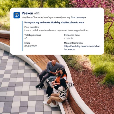 Workday Peakon Employee Voice weekly survey notification on a third-party app prompting an employee to share feedback