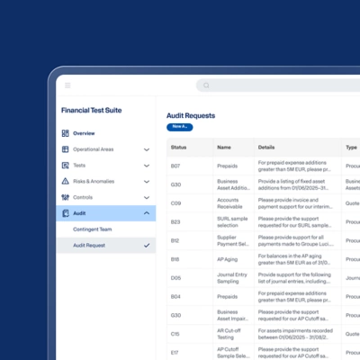 Dashboard showcasing Financial Test Suite with a list of open audit requests featured.
