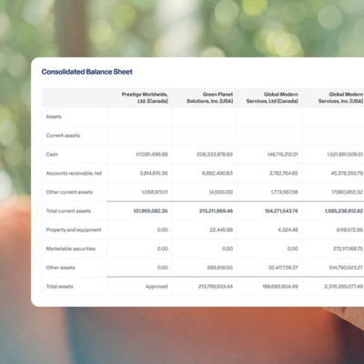 Dashboard showing a list of contracts, with automated Global consolidation features.