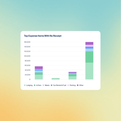 Dashboard showcasing "Always-on" Audit analysis, with a data graph showing 'Top Expense Items with No Receipt'