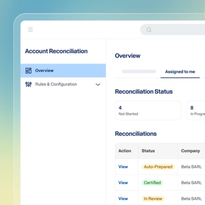Dashboard showing Account Reconciliation Overview on a laptop screen.