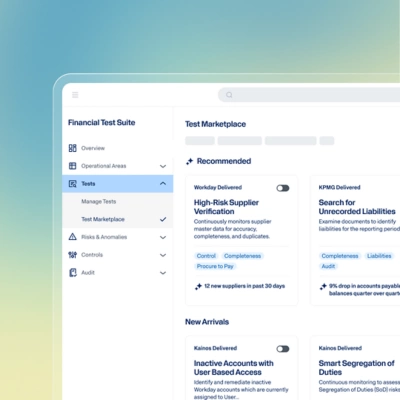 Financial Test Suite Dashboard, displaying recommended pre-built agents to deploy in the Test Marketplace. 