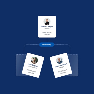 Org chart card view showing a director and two direct reports with headcount insights.