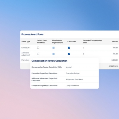Workday centralized compensation review screen showing award pool processing and calculation details.
