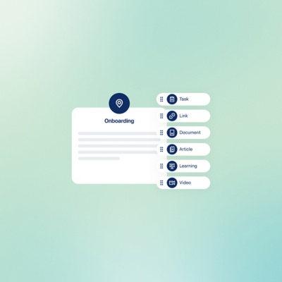Drag-and-drop Journeys Builder creating an onboarding journey with tasks, links, and videos in Workday.