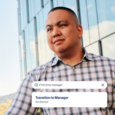 Employee searching Self-Service Journeys for a 'first time manager' transition guide in Workday.