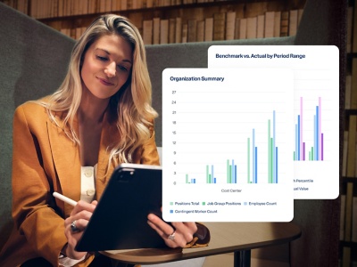 Manager reviewing organizational insights and workforce metrics on screen.
