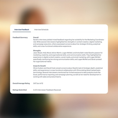 Hiring team interview feedback summary with AI-summarized strengths, growth areas, and ratings.