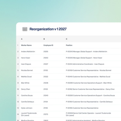 Spreadsheet view of a mass reorganization action listing worker names, employee IDs, and new positions.
