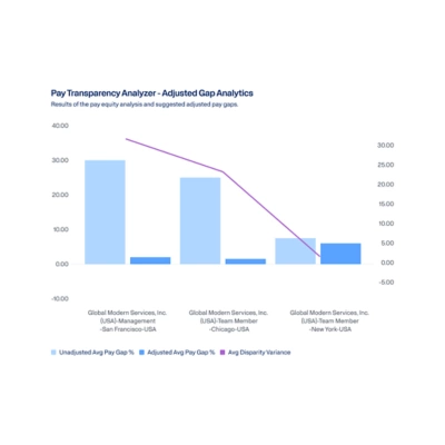 Workday's Pay Transparency Software showing the pay gaps between job titles filtered by base pay. 