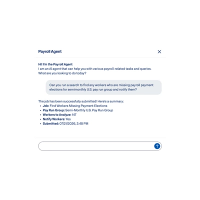 Workday Payroll Agent chat finding workers missing payroll payment elections.