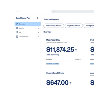 Workday employee self-service dashboard showing take-home pay, gross pay, and benefit costs.