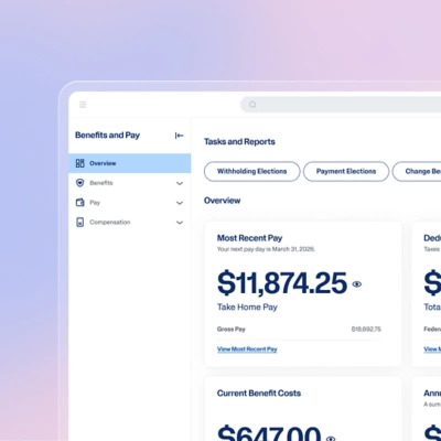 Employee self-service mobile app showing take-home pay, gross pay, and benefit costs in Workday's pay hub.