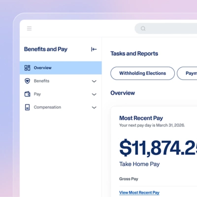 Employee self-service mobile app showing take-home pay, gross pay, and benefit costs in Workday's pay hub.